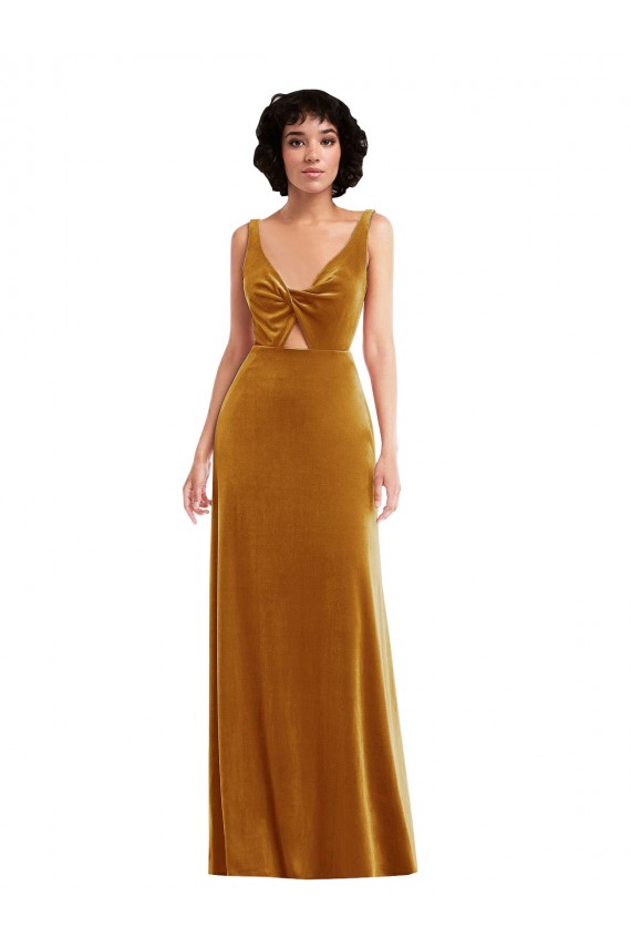 Outlet Sleeveless Stretch Velvet V-Back Trumpet Gold Maxi Evening Dress Canada
